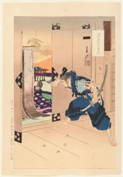 Como o homem puxa a porta deslizante aberta, ele espia a bela adormecida da série Gekko Zuihitsu, 1887 (impressão em madeira com xilogravura)